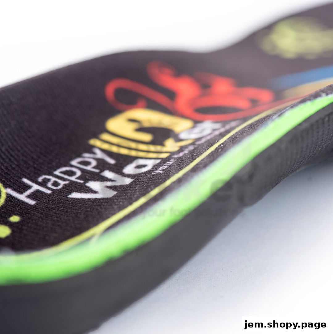 Close-up of a shoe insole with the 'Happy Walker' logo and colorful design.