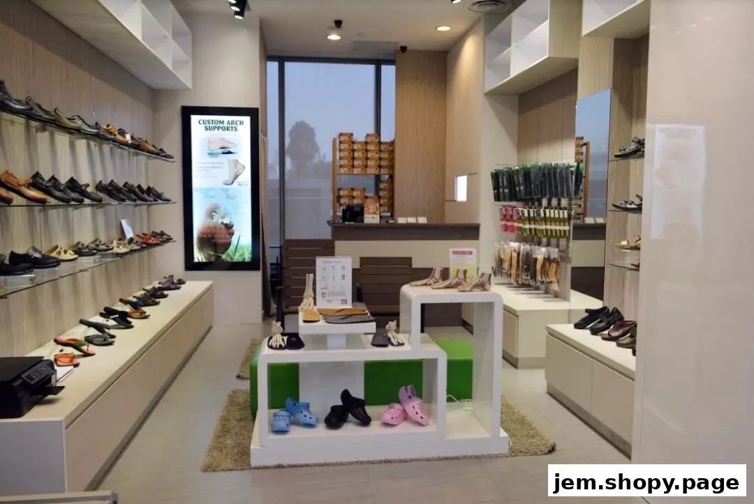 Interior view of a shoe store displaying various footwear and arch support products.