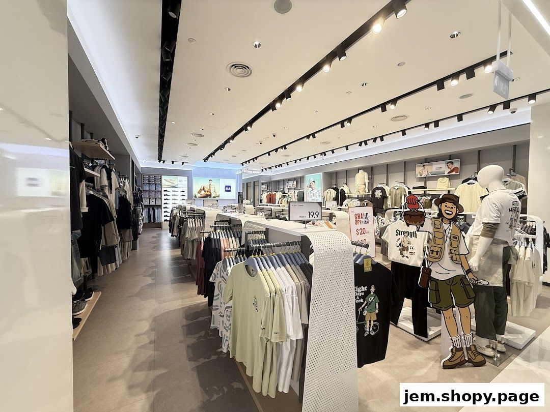Interior view of a clothing store with racks of apparel and mannequins.