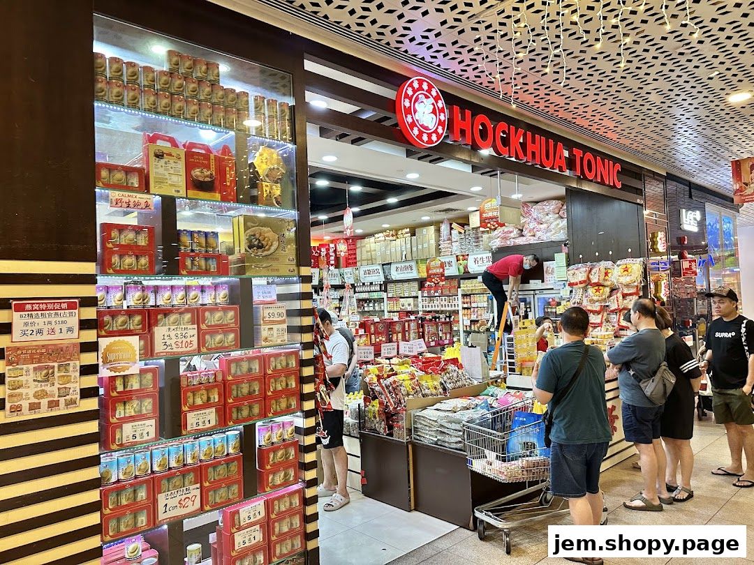 Hockhua Tonic shop interior with various health products displayed and customers browsing.