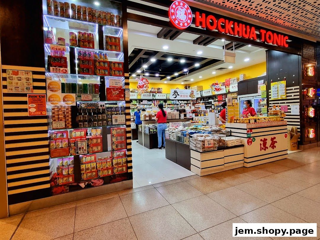 The exterior of Hockhua Tonic shop, showcasing shelves filled with various health products and tonics.