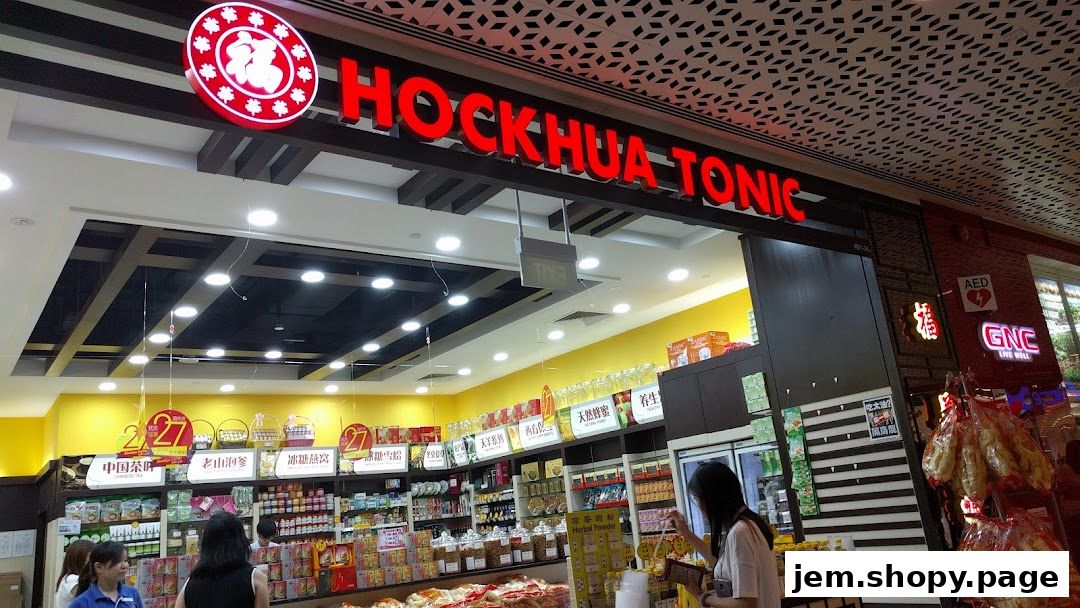 The exterior of Hockhua Tonic shop, showcasing its signage and interior products.