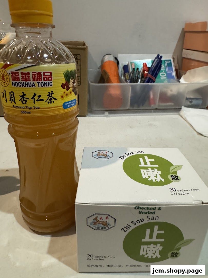 A bottle of Hockhua Tonic Almond Figs Tea and a box of Zhi Sou San sachets.