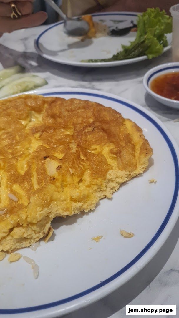 A close-up of a golden omelet with rice on a white plate, garnished with cucumber slices.