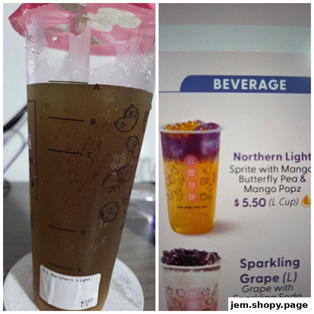 A split image showing a bubble tea drink and a menu with beverage options.