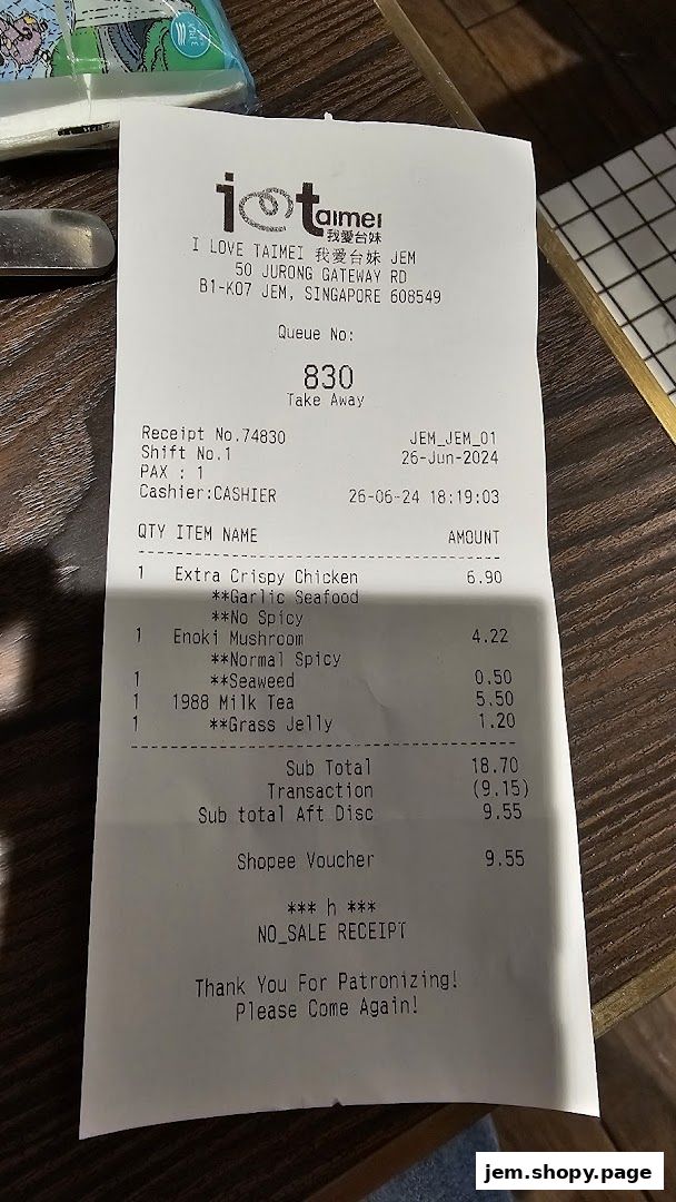 A receipt from I Love Taimei showing fried chicken, mushroom, milk tea, and grass jelly.