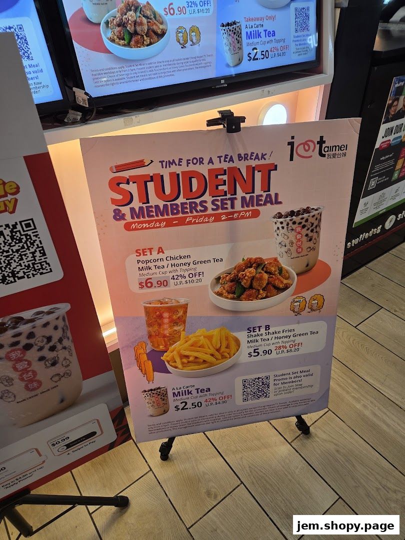 A promotional poster for 'I Love Taimei' featuring student and member set meals with fried chicken, fries, and bubble tea.
