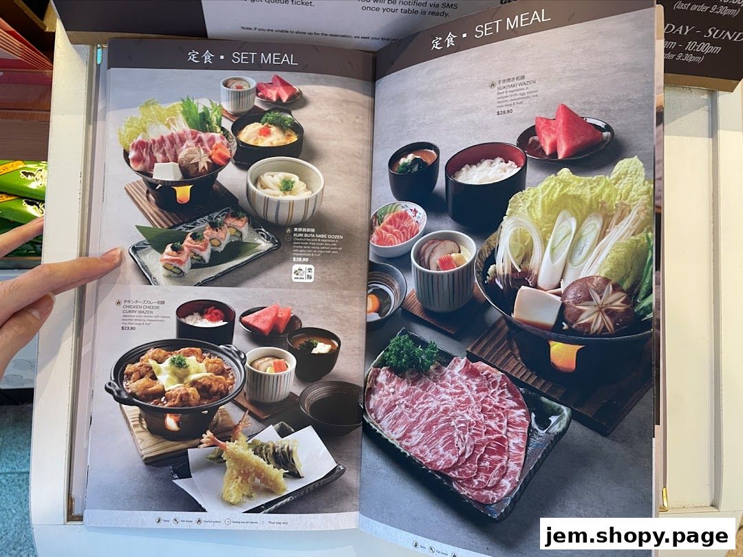 A menu page showcasing Japanese set meals with various dishes and prices.