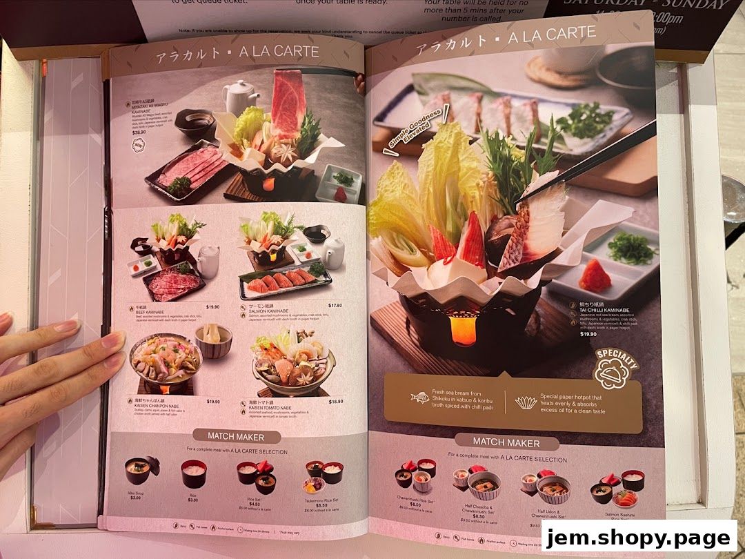A menu from Ichiban Boshi JEM featuring Japanese hot pot dishes and set meals.