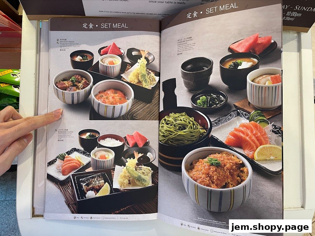 A menu showcasing Japanese set meals with various dishes and prices.