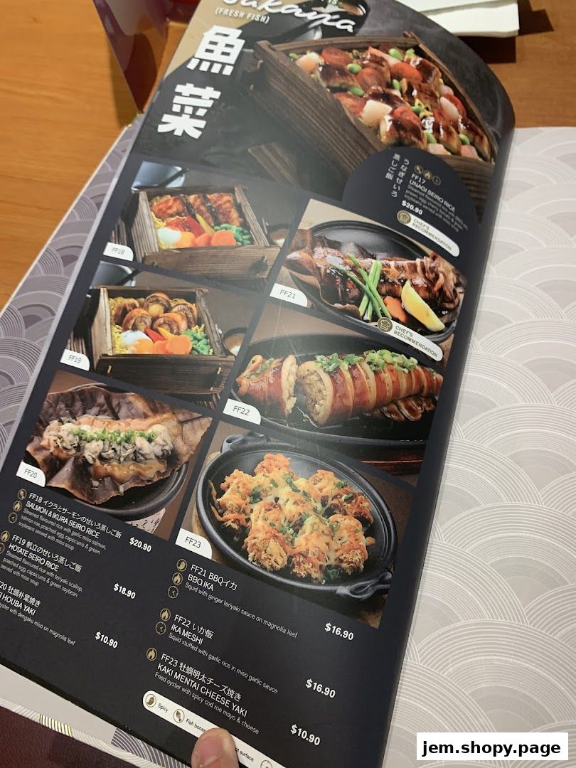 A menu page from Ichiban Boshi JEM featuring various Japanese seafood dishes.