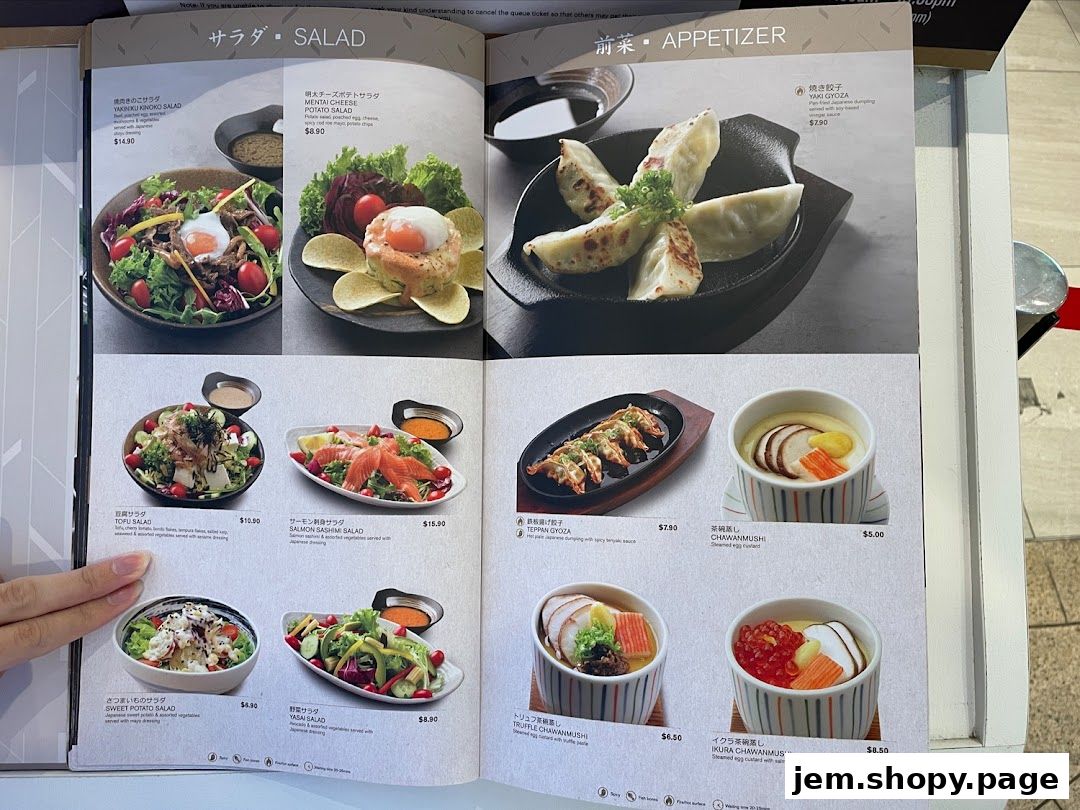 A menu from Ichiban Boshi JEM featuring salads, appetizers, and steamed egg custards.