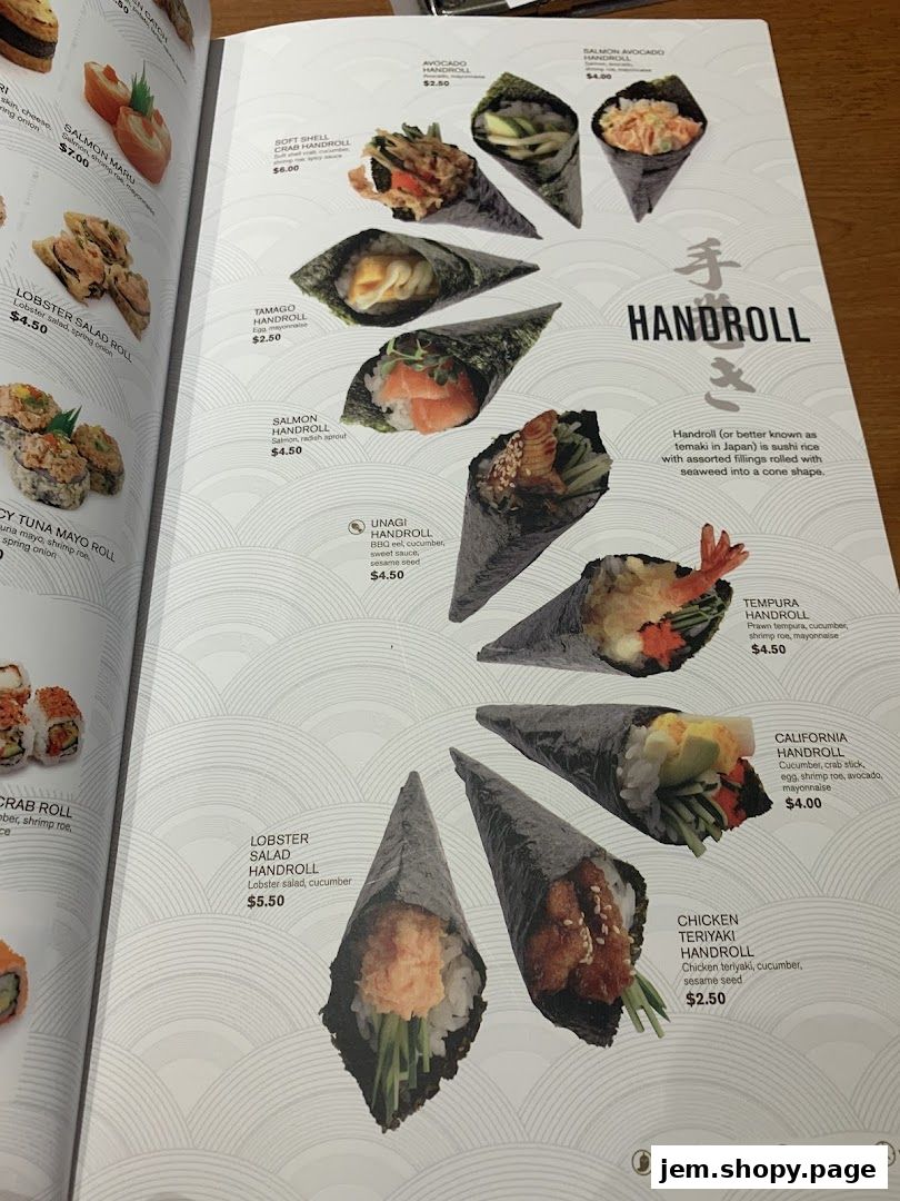A menu page showcasing various handroll sushi options with images and prices.
