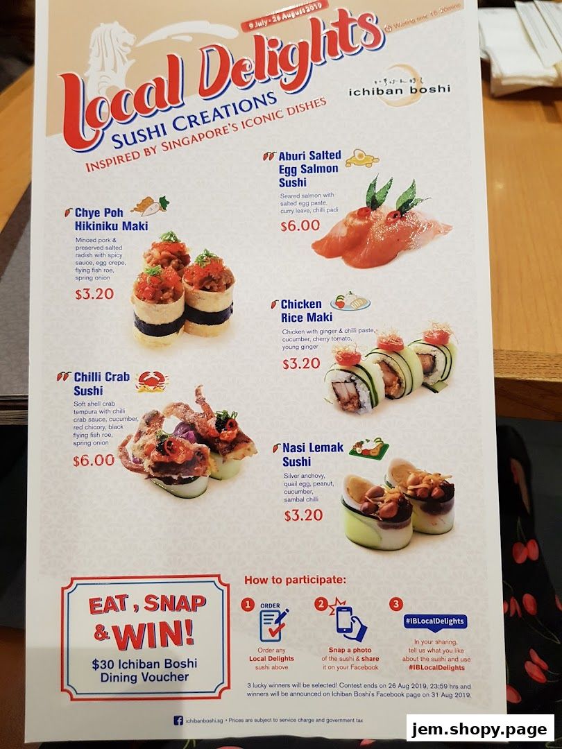 A menu for Ichiban Boshi's 'Local Delights' sushi creations inspired by Singaporean dishes.