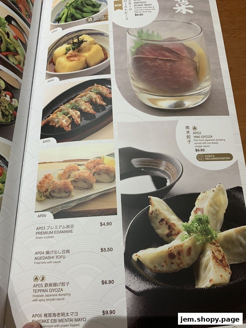 A menu page from Ichiban Boshi JEM featuring Japanese dishes like gyoza and tofu.