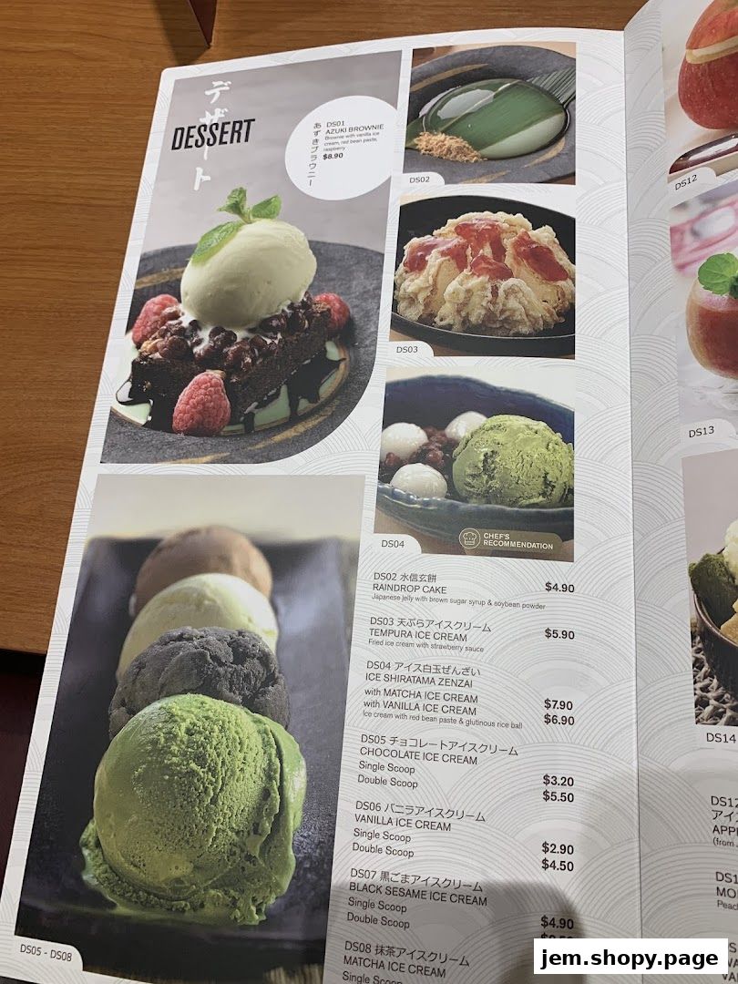 A menu page from Ichiban Boshi JEM featuring various desserts like ice cream and cakes.