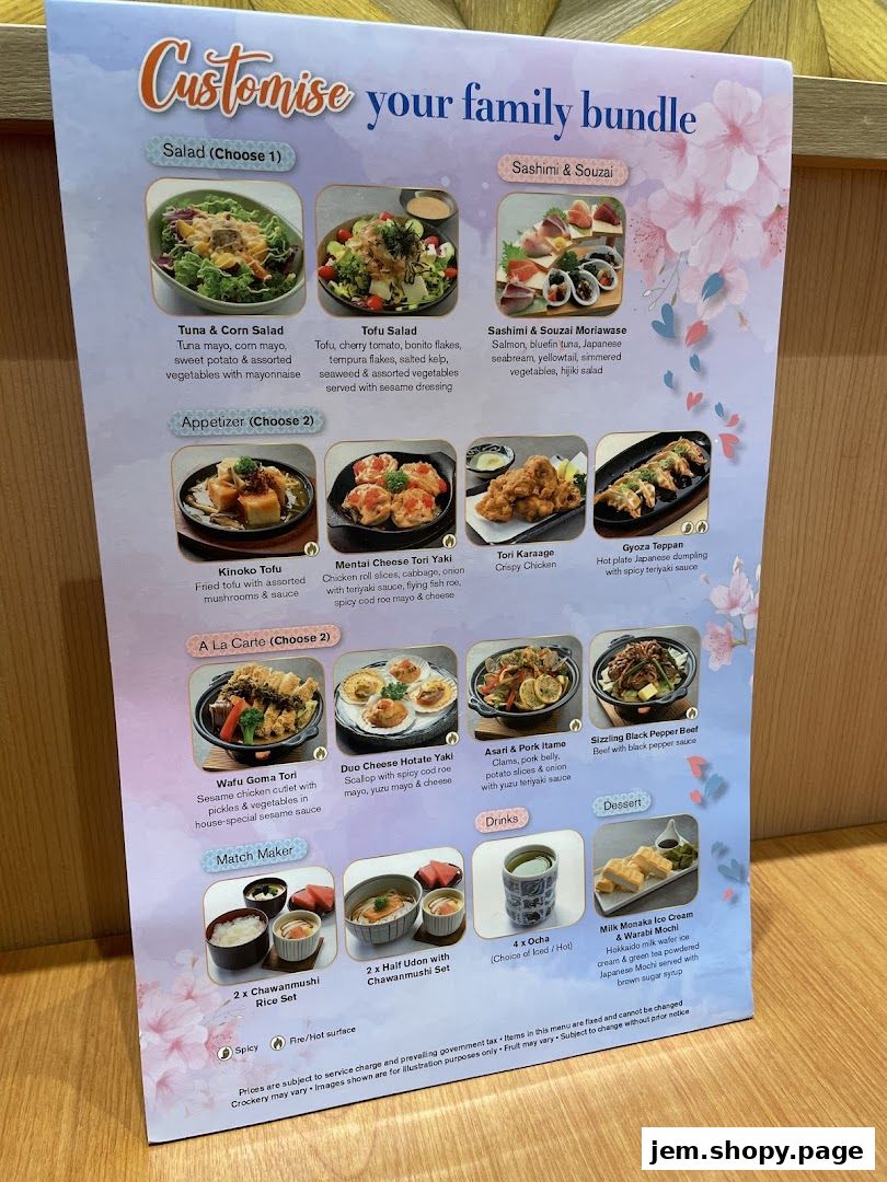 A menu showcasing customizable family bundles with various Japanese dishes, including salads, appetizers, and main courses.