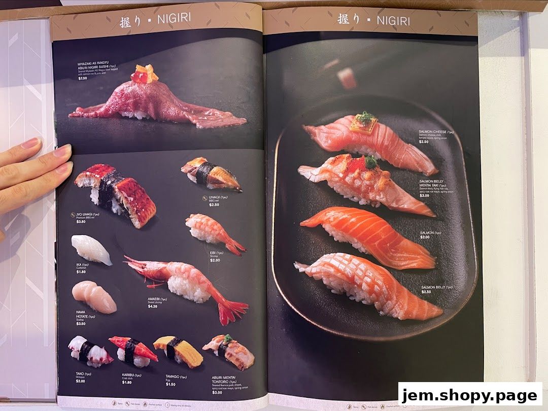 A menu page showcasing various types of nigiri sushi with detailed descriptions and prices.