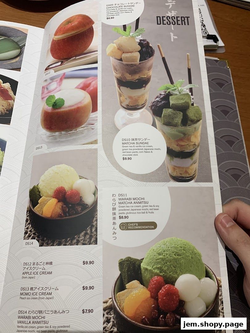 A menu page showcasing various Japanese desserts with images and descriptions.