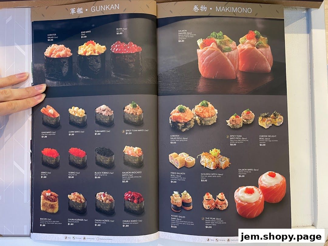 A menu from Ichiban Boshi JEM featuring various sushi items like Gunkan and Makimono.