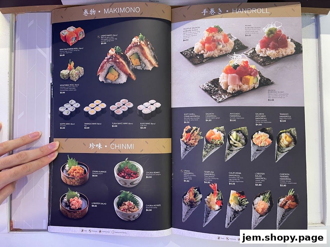 A menu from Ichiban Boshi JEM featuring Maki, Handroll, and Chinmi sushi items.
