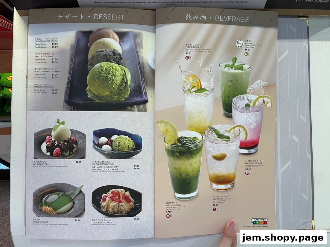 A menu page from Ichiban Boshi JEM featuring desserts and beverages.