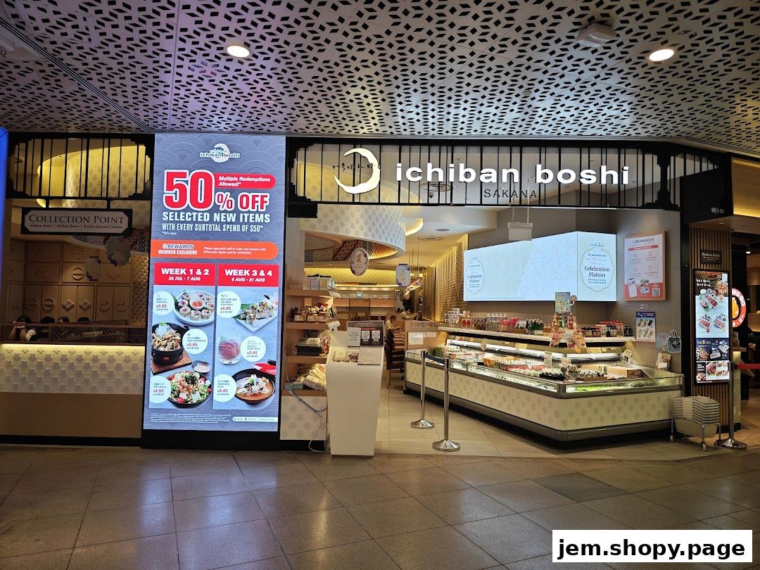 The exterior of Ichiban Boshi Sakana, a Japanese restaurant, with a large digital display advertising a 50% off promotion.