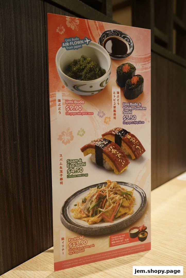 A menu from Ichiban Boshi JEM featuring Japanese dishes like Umi Budo and sushi.