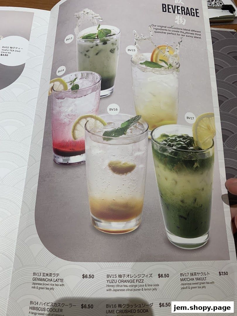 A menu page showcasing various colorful beverages with their names and prices.
