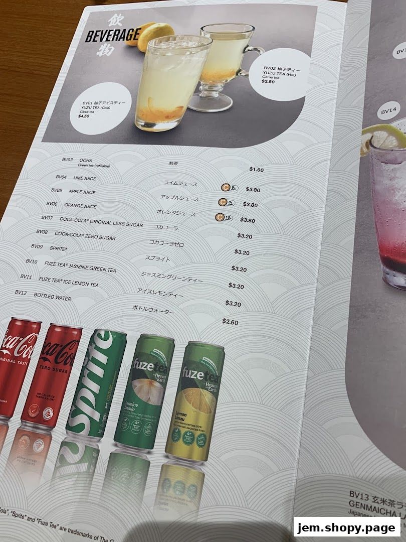 A menu page from Ichiban Boshi JEM featuring beverages like Yuzu Tea, Ocha, and various juices.