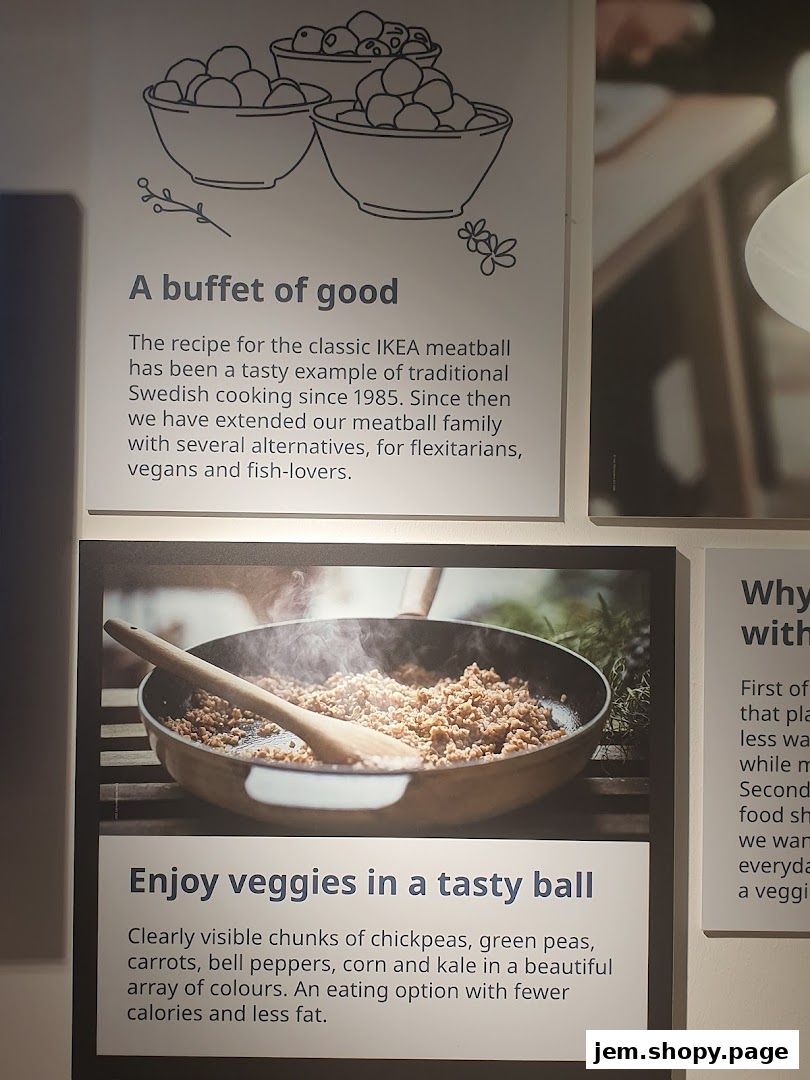 Information panels about IKEA meatballs and veggie balls with illustrations and photos.