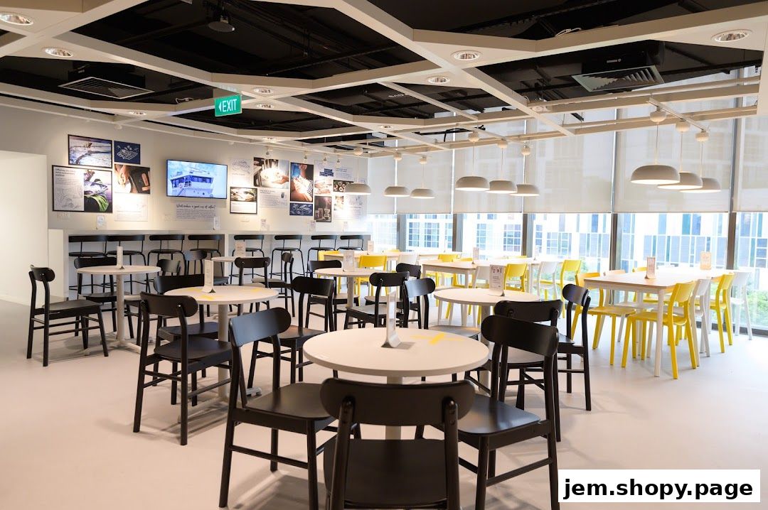 Interior of a spacious, modern cafe with tables and chairs, and wall displays.