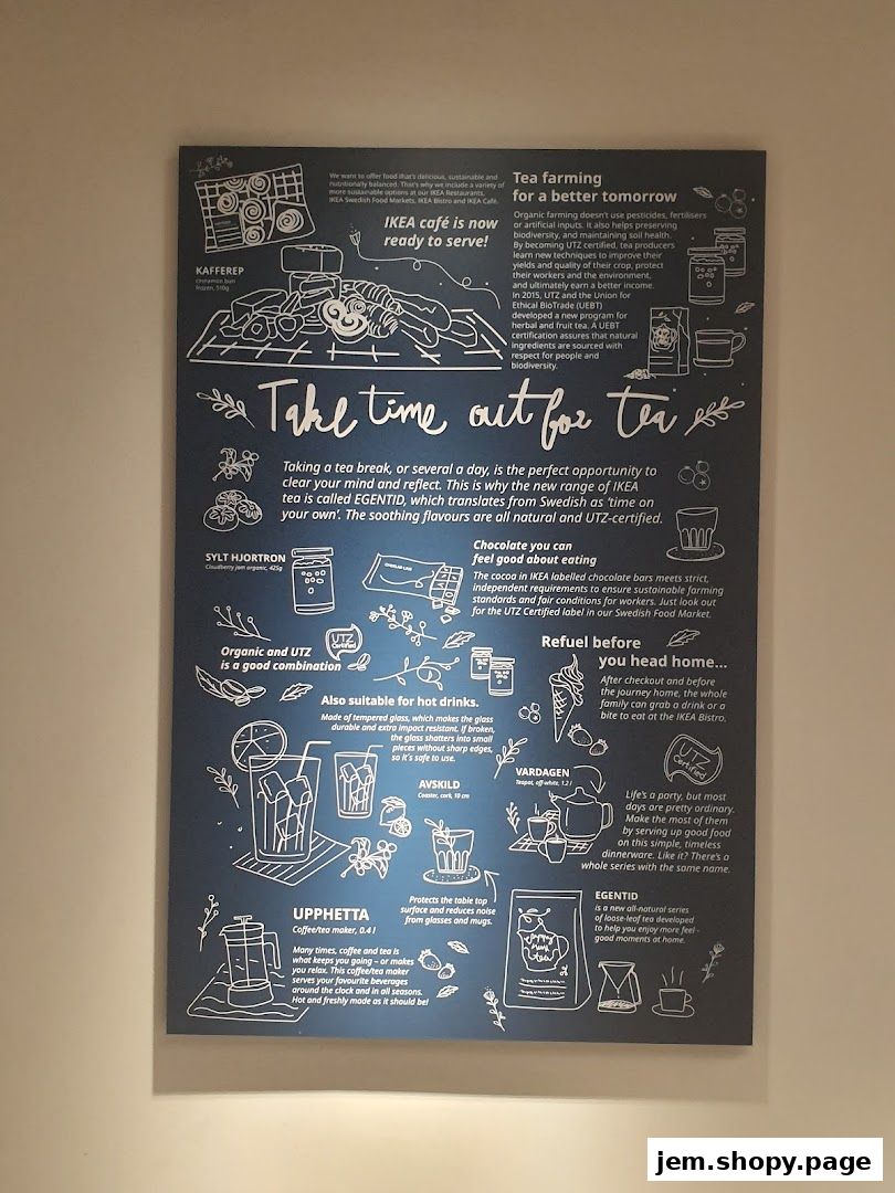 A poster detailing IKEA's tea range, its benefits, and related products.