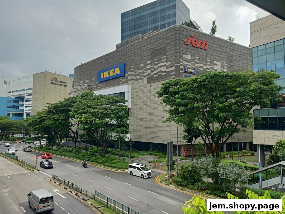 Exterior view of the IKEA Jurong building with the JEM mall sign visible.