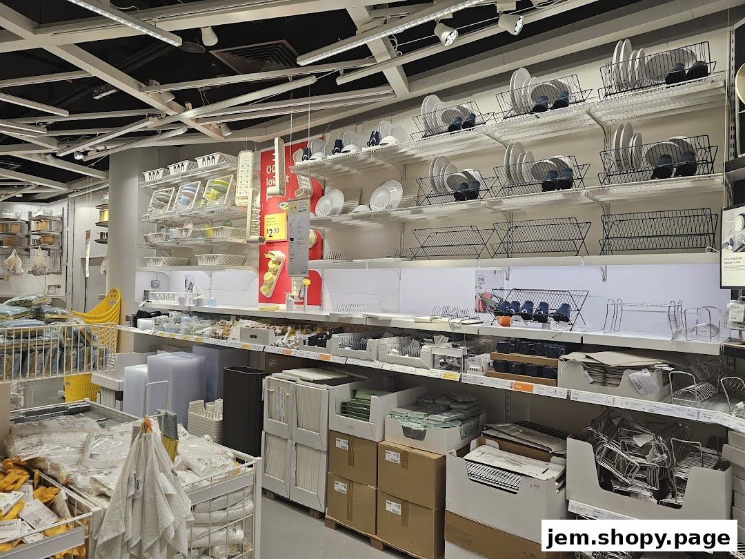 Shelves stocked with kitchenware, dish racks, and storage solutions at IKEA Jurong.