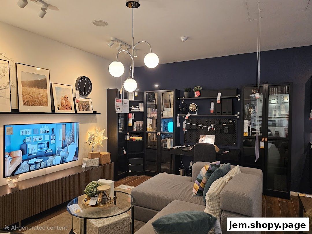 A living room setup with a sectional sofa, TV, desk, and shelving units.