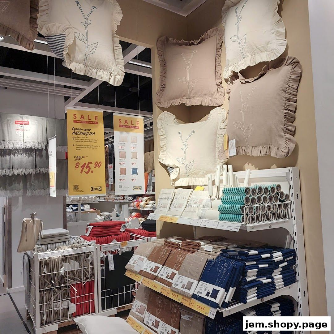 IKEA Jurong shop interior displaying cushion covers and home textiles on sale.