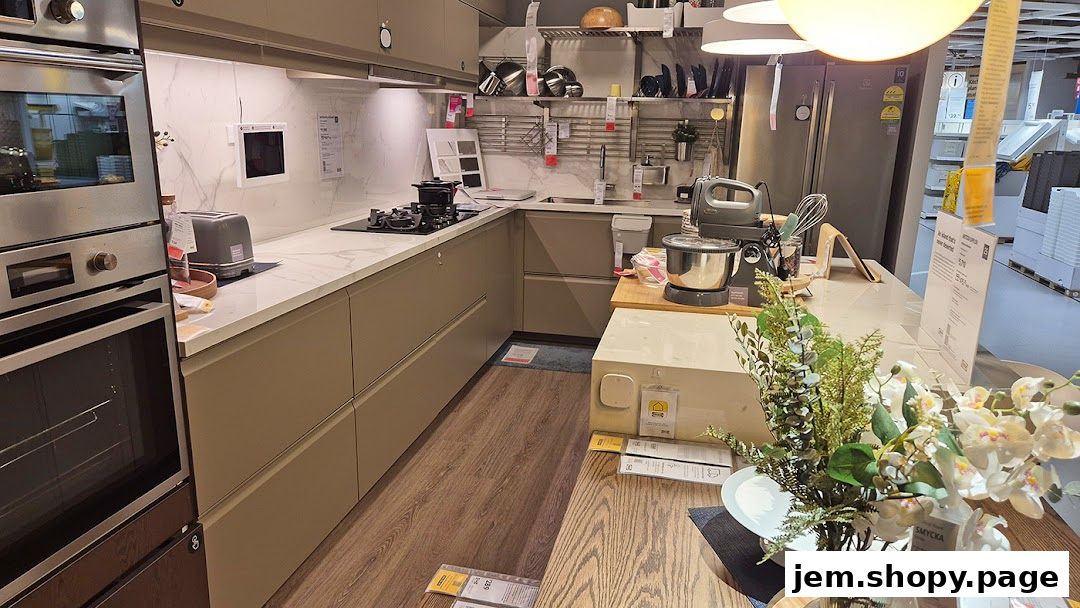 A modern kitchen display featuring appliances, cabinetry, and dining area.