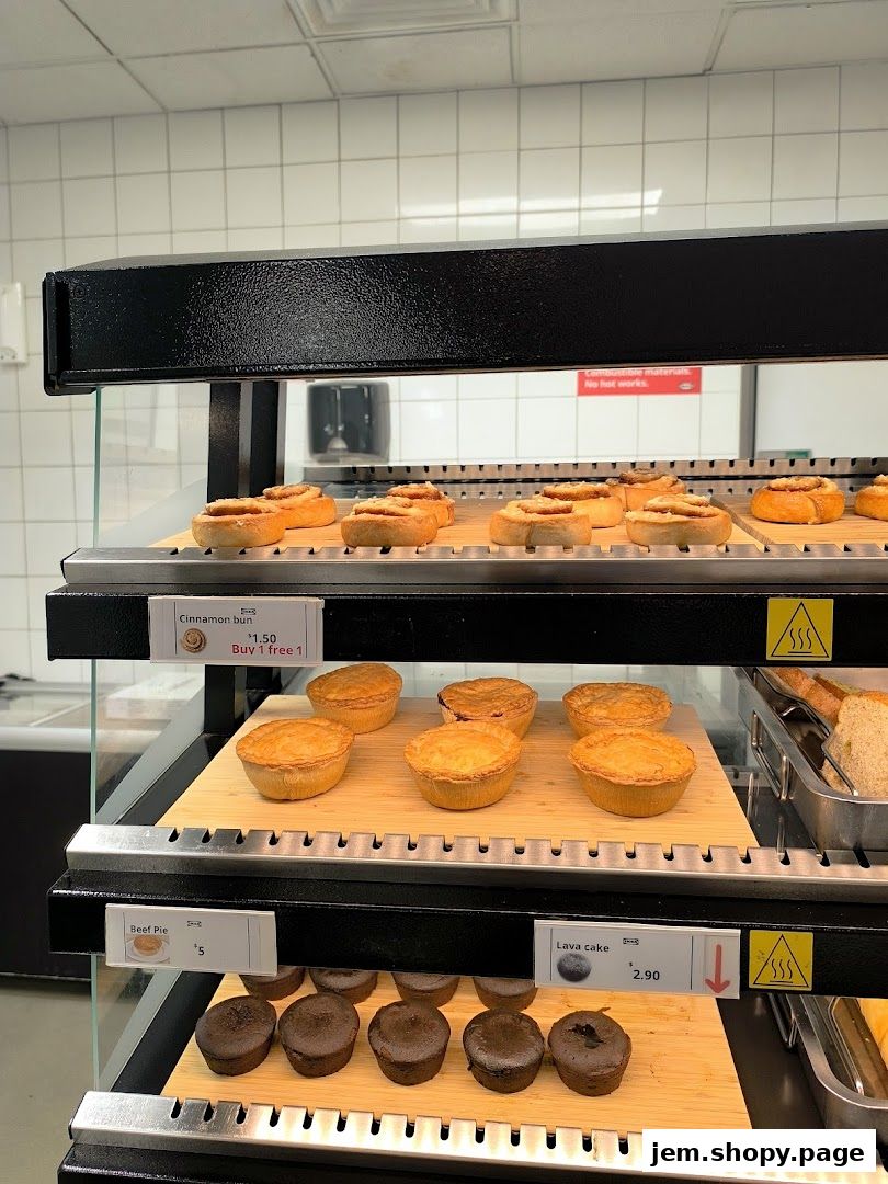 Display of baked goods including cinnamon buns, pies, and lava cakes at IKEA Jurong.