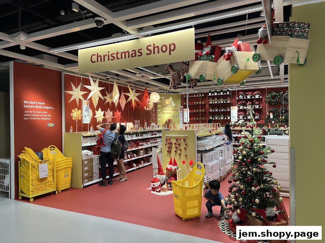 IKEA Jurong's Christmas Shop is decorated with festive lights, ornaments, and a Christmas tree.
