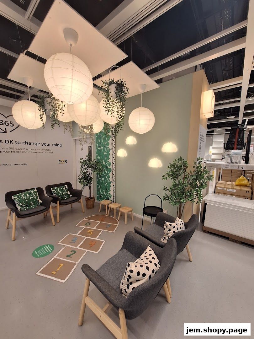 A waiting area with chairs, hopscotch, and decorative lighting at IKEA Jurong.