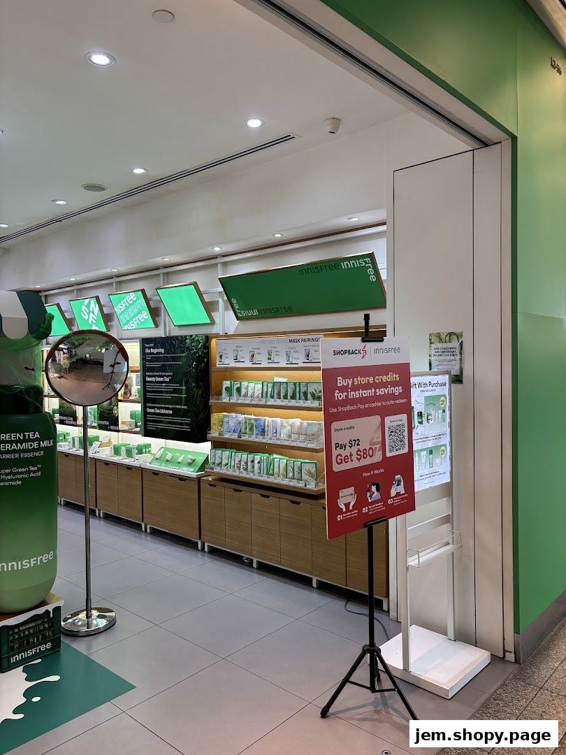 Innisfree shop interior showcasing skincare products and a promotional display.