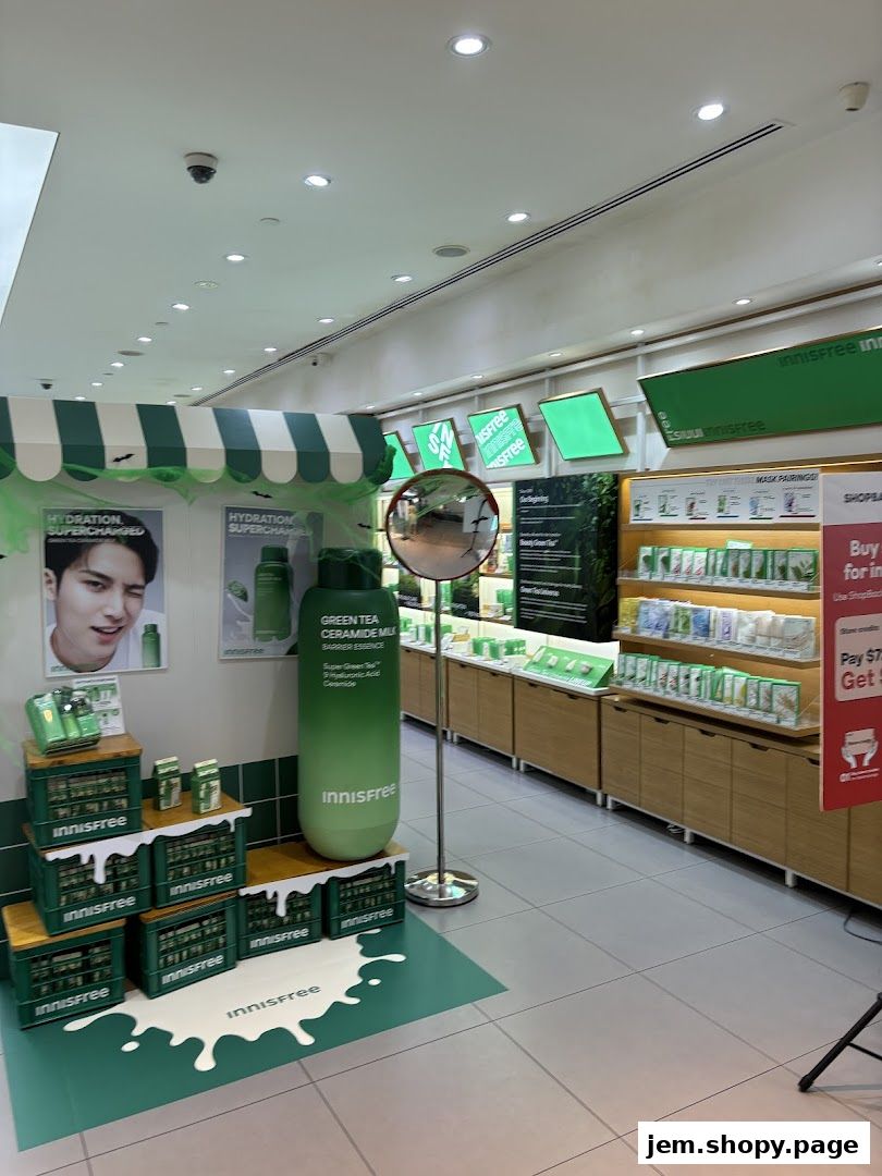Innisfree shop interior showcasing skincare products and promotional displays.
