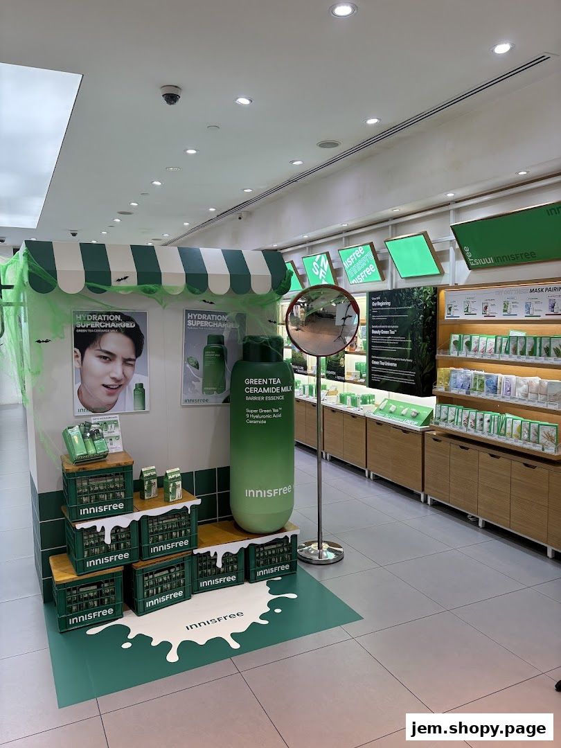 Innisfree shop display featuring green tea products and a large bottle.