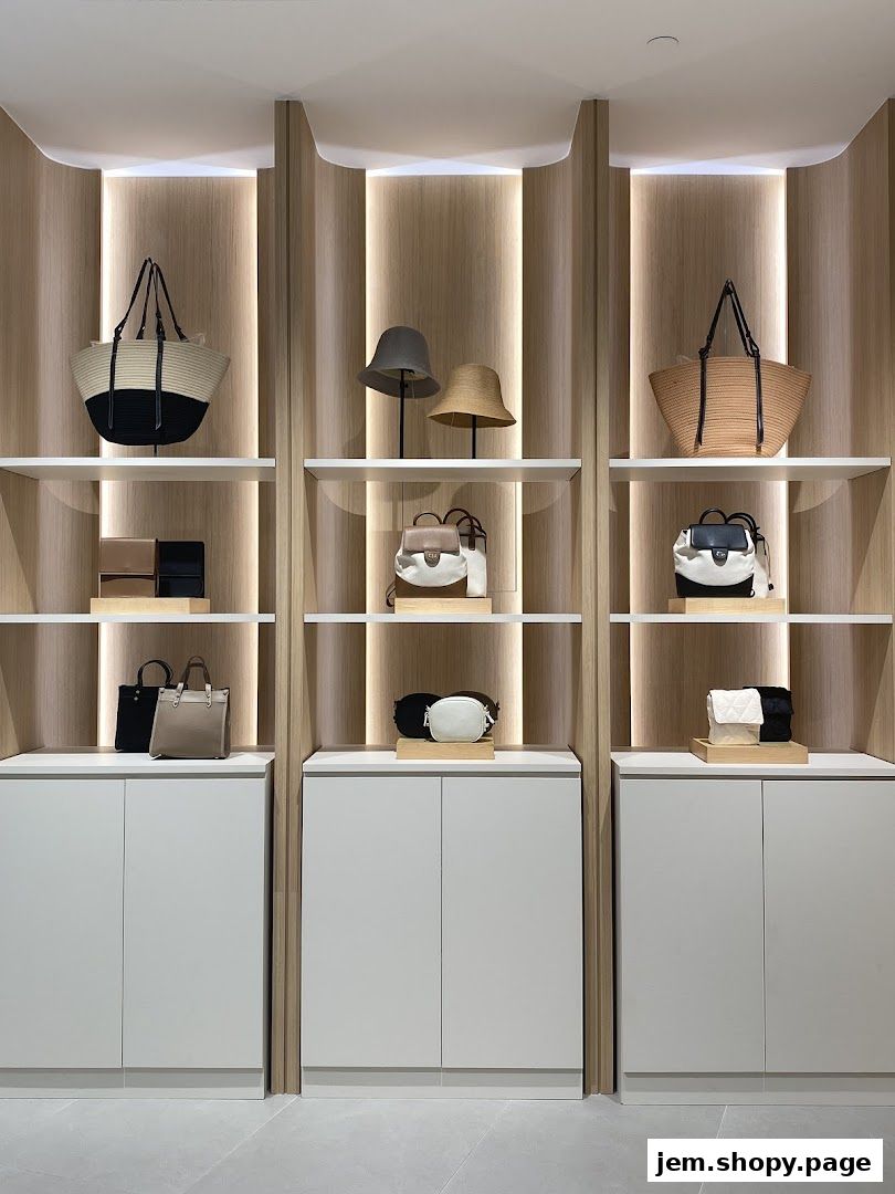 A retail display showcasing stylish handbags and hats on illuminated wooden shelves.