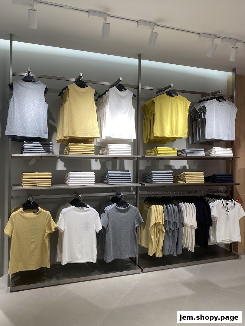 Neatly displayed collection of women's tops in various colors and styles on shelves and hangers.