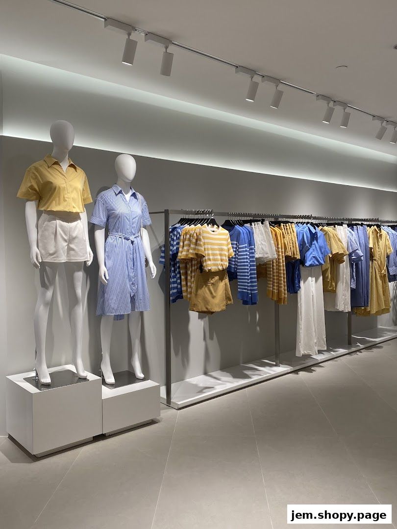 Mannequins display summer outfits next to a rack of colorful clothing in a modern boutique.