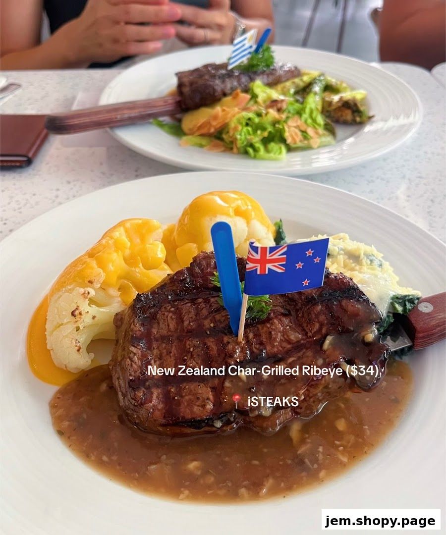 Two plates of steak with sides, one featuring a New Zealand flag.