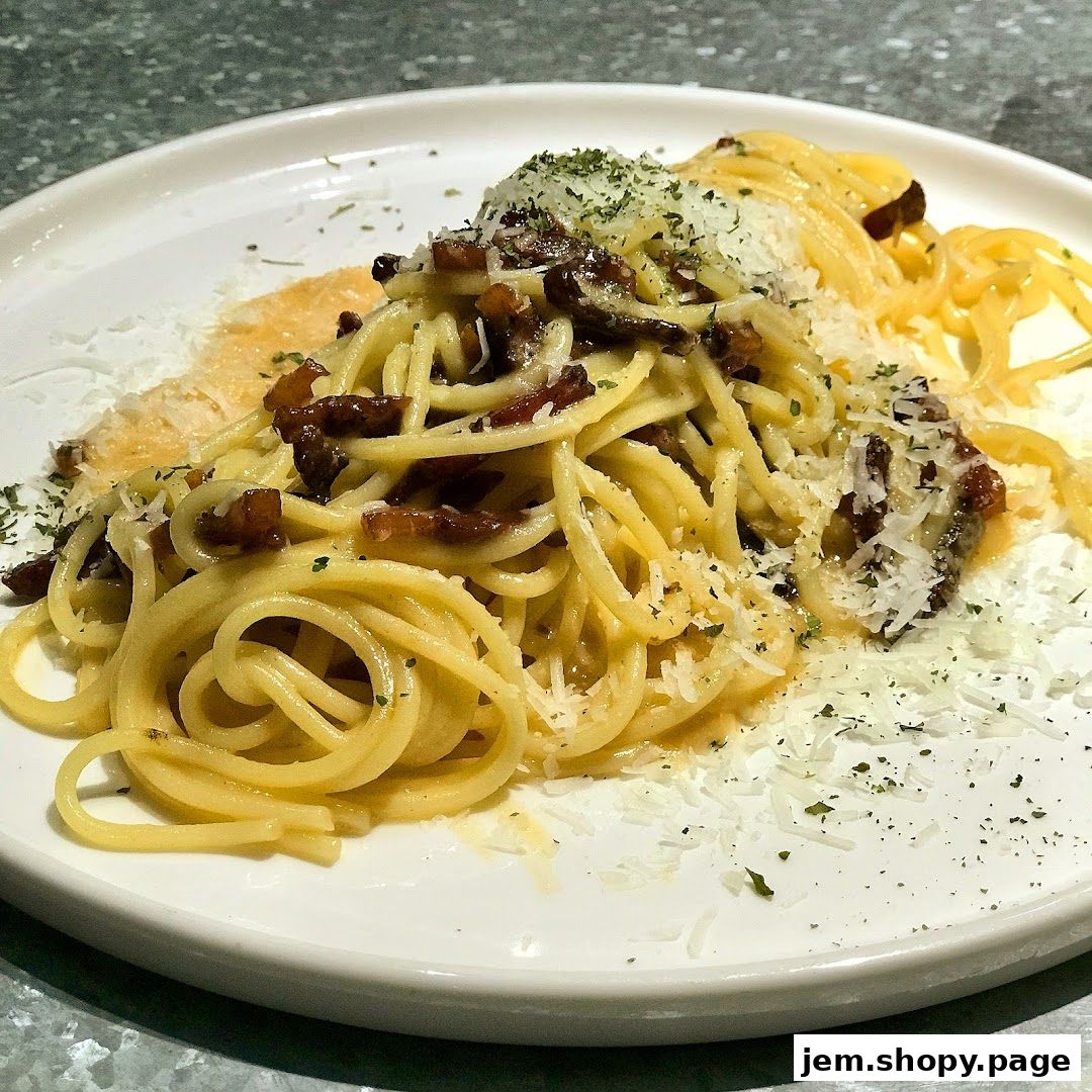 A close-up shot of a delicious spaghetti carbonara dish on a white plate.