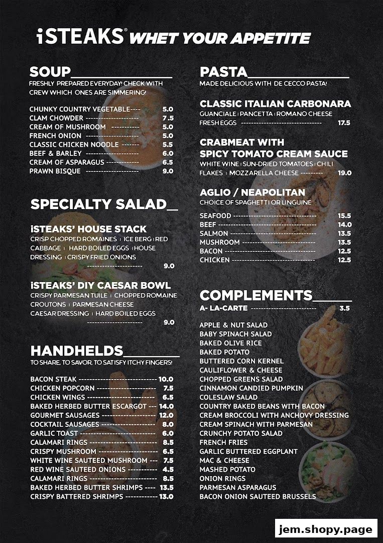 A menu for iSTEAKS featuring soups, salads, pastas, handhelds, and complements.